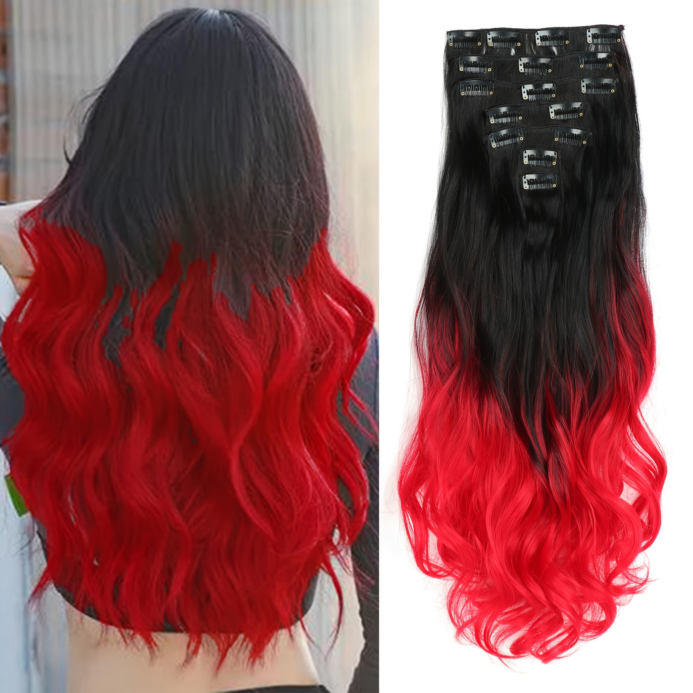 7 Piece/Set Synthetic Long Wavy 16 Clip In Hair Extensions 22 Inch Red Golden Heat Resistant Hair Pieces For Women Halloween Christmas