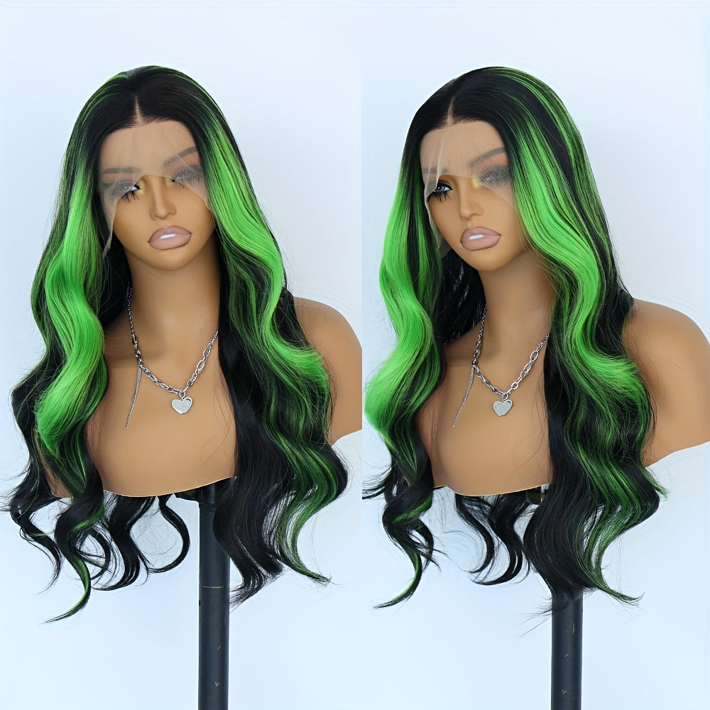 13x4 Ombre Green Body Wave Lace Front Wig - Long Wavy Highlights, Glueless, 180% Density, Pre-Plucked Synthetic Hair, Heat Resistant Fiber, Ideal for Daily Use & Cosplay, 28 Inch, Synthetic Lace Front Wig