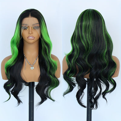 13x4 Ombre Green Body Wave Lace Front Wig - Long Wavy Highlights, Glueless, 180% Density, Pre-Plucked Synthetic Hair, Heat Resistant Fiber, Ideal for Daily Use & Cosplay, 28 Inch, Synthetic Lace Front Wig