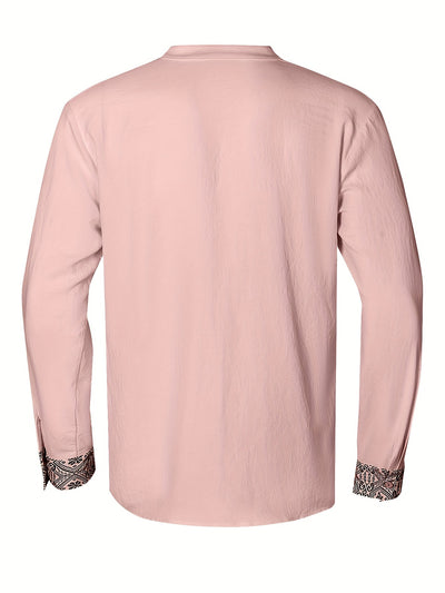 Men's Ethnic Style Geometric Print Stand Collar Long Sleeve Deep Henley Neck Shirt, Breathable And Comfy Casual Top For Daily Wear