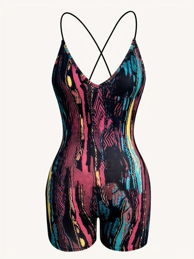 Flirty Spaghetti Strap Romper Jumpsuit - Vibrant Allover Print, Seductive Low Cut, Alluring Backless,