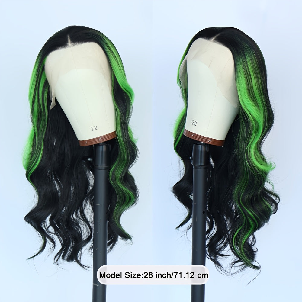 13x4 Ombre Green Body Wave Lace Front Wig - Long Wavy Highlights, Glueless, 180% Density, Pre-Plucked Synthetic Hair, Heat Resistant Fiber, Ideal for Daily Use & Cosplay, 28 Inch, Synthetic Lace Front Wig