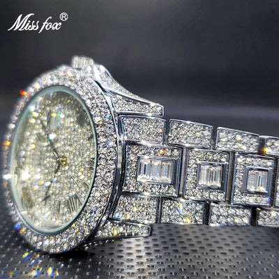 Relogio Masculino Luxury MISSFOX Ice Out Diamond Watch Multifunction Day Date Adjust Calendar Quartz Watches For Men Droshipping