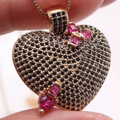 Fashion Cubic Zircon Love Heart Pendant Necklace Earrings Valentine's Day Gift Gold Color Women Jewelry Set 1Set/Lot