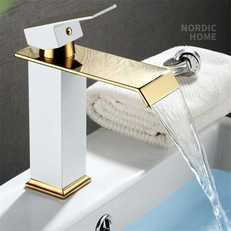 Gold and Black Waterfall Faucet Brass Bathroom Faucet Bathroom Basin Faucet Mixer Tap Hot and Cold Sink faucet