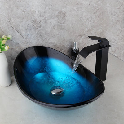 Tempered Glass Blue Hand Painted Waterfall Spout Basin Black Tap Bathroom Sink Washbasin Bath Brass Set Faucet Mixer Taps