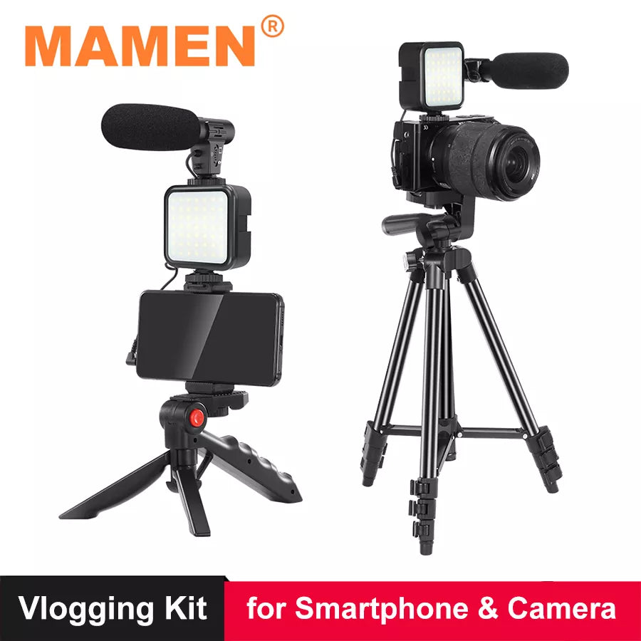 MAMEN Phone DSLR Camera Vlog Tripod Vlogging Kit with Remote Control Microphone LED Light for Smartphone Interview Live YouTube