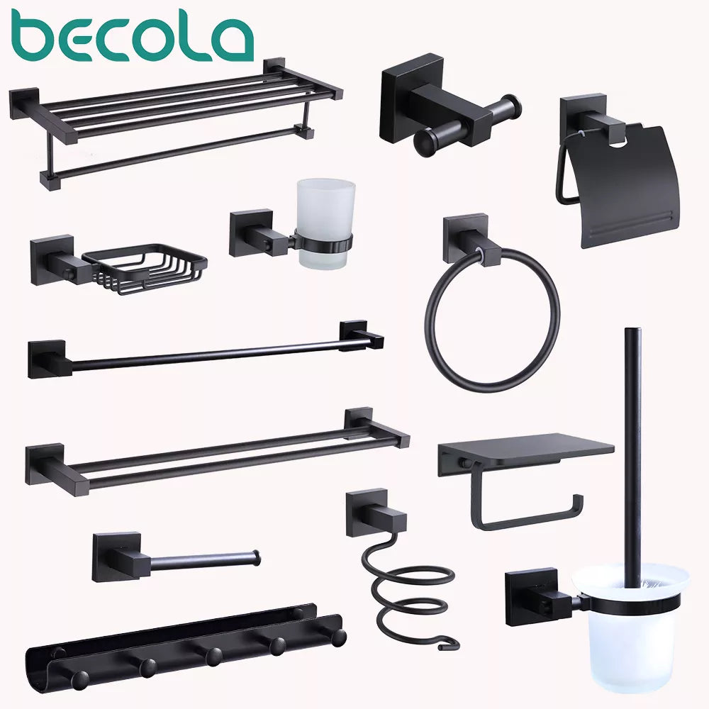 Solid Aluminum Bathroom Hardware Accessories Black Shelf Single Towel Holder Wall Air Blower Rack Toilet Brush Hook