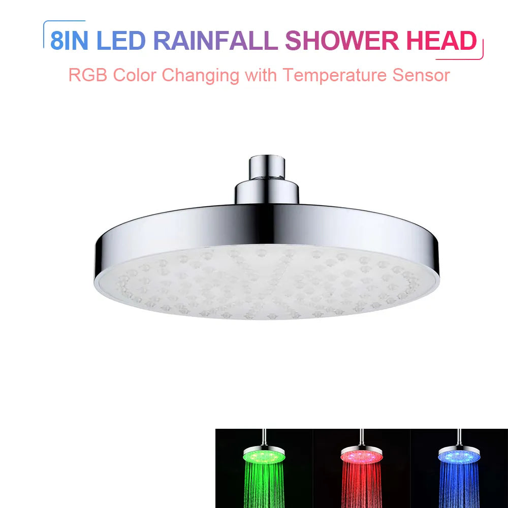 RGB LED Light Shower Head Round Automatic Changing Water Saving Rain High Pressure Bathroom Rainfall