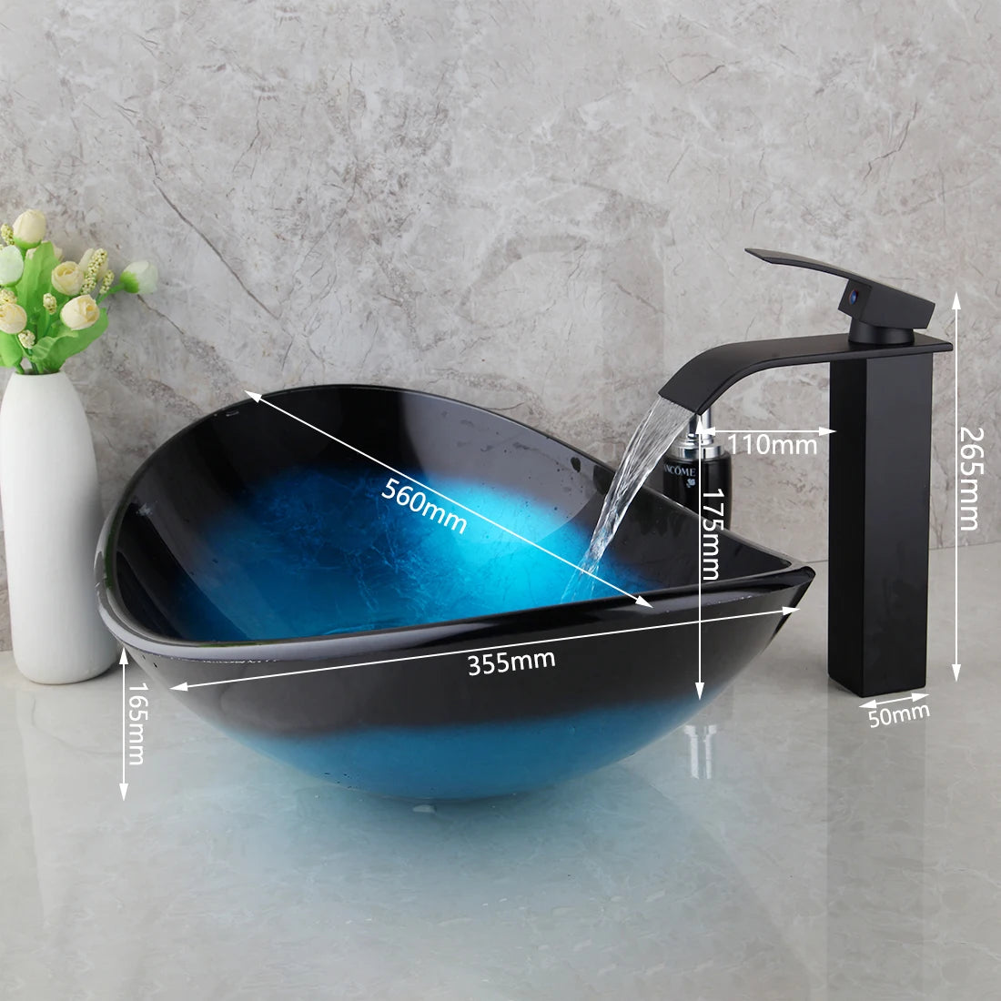 Tempered Glass Blue Hand Painted Waterfall Spout Basin Black Tap Bathroom Sink Washbasin Bath Brass Set Faucet Mixer Taps