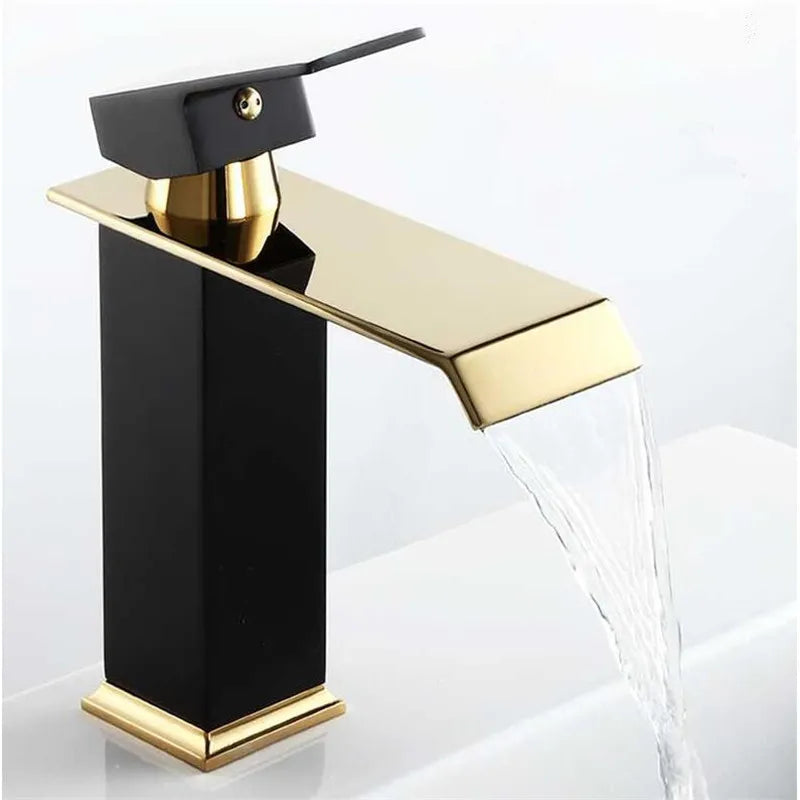 Gold and Black Waterfall Faucet Brass Bathroom Faucet Bathroom Basin Faucet Mixer Tap Hot and Cold Sink faucet