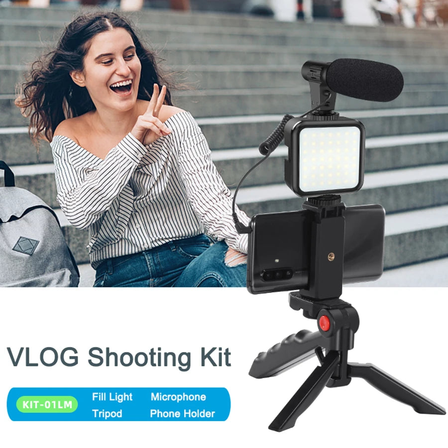 MAMEN Phone DSLR Camera Vlog Tripod Vlogging Kit with Remote Control Microphone LED Light for Smartphone Interview Live YouTube