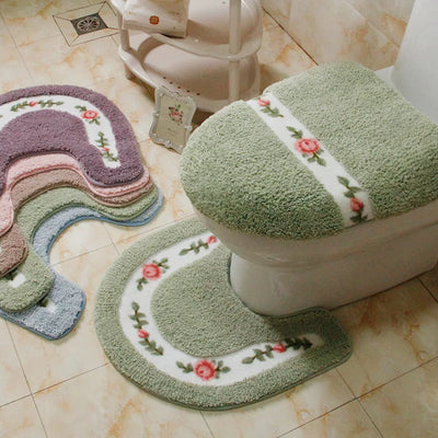 Pastoral Style Toilet Rug Flower Pattern Bathroom Mat Set U Shape Toilet Carpets Floor Decor Bath Mat Set Fiber Toilet Lid Cover