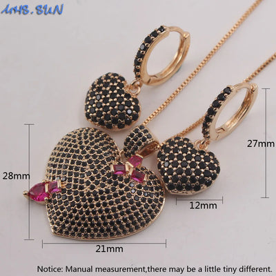 Fashion Cubic Zircon Love Heart Pendant Necklace Earrings Valentine's Day Gift Gold Color Women Jewelry Set 1Set/Lot