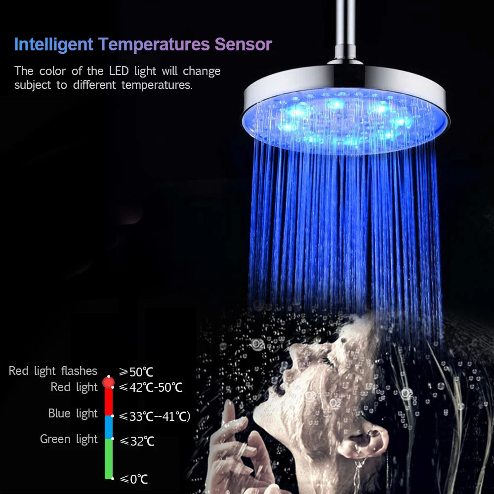 RGB LED Light Shower Head Round Automatic Changing Water Saving Rain High Pressure Bathroom Rainfall