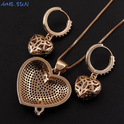 Fashion Cubic Zircon Love Heart Pendant Necklace Earrings Valentine's Day Gift Gold Color Women Jewelry Set 1Set/Lot