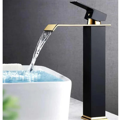 Gold and Black Waterfall Faucet Brass Bathroom Faucet Bathroom Basin Faucet Mixer Tap Hot and Cold Sink faucet