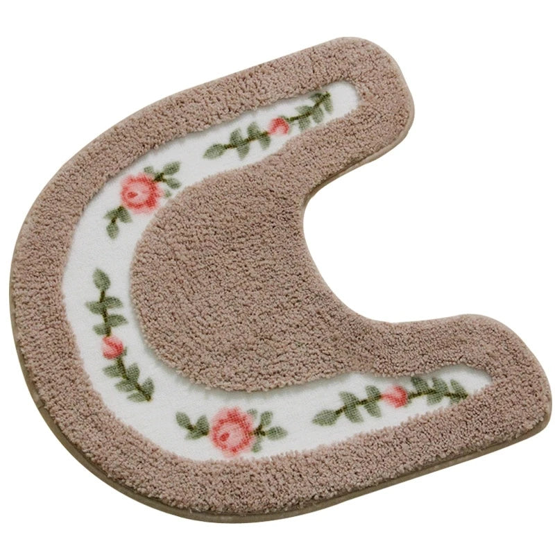 Pastoral Style Toilet Rug Flower Pattern Bathroom Mat Set U Shape Toilet Carpets Floor Decor Bath Mat Set Fiber Toilet Lid Cover