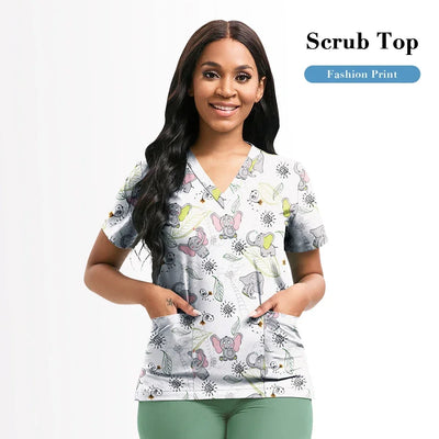 Nursing Scrubs Top Women Working Uniform Blouse Short Sleeve V-neck Printing Uniform Clothes Nurses Accessories Unisex