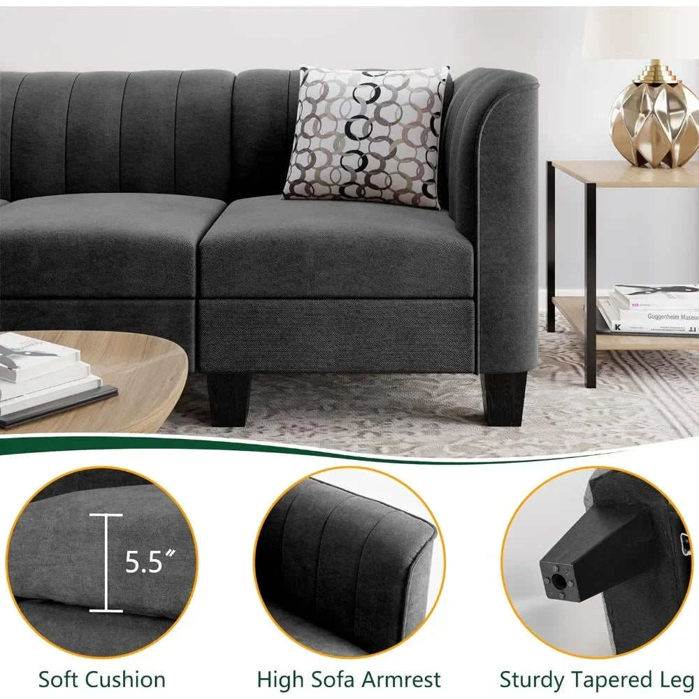 Living room sofa L-shaped convertible modular sofa bed with high armrestsLinen fabric home furniture, black