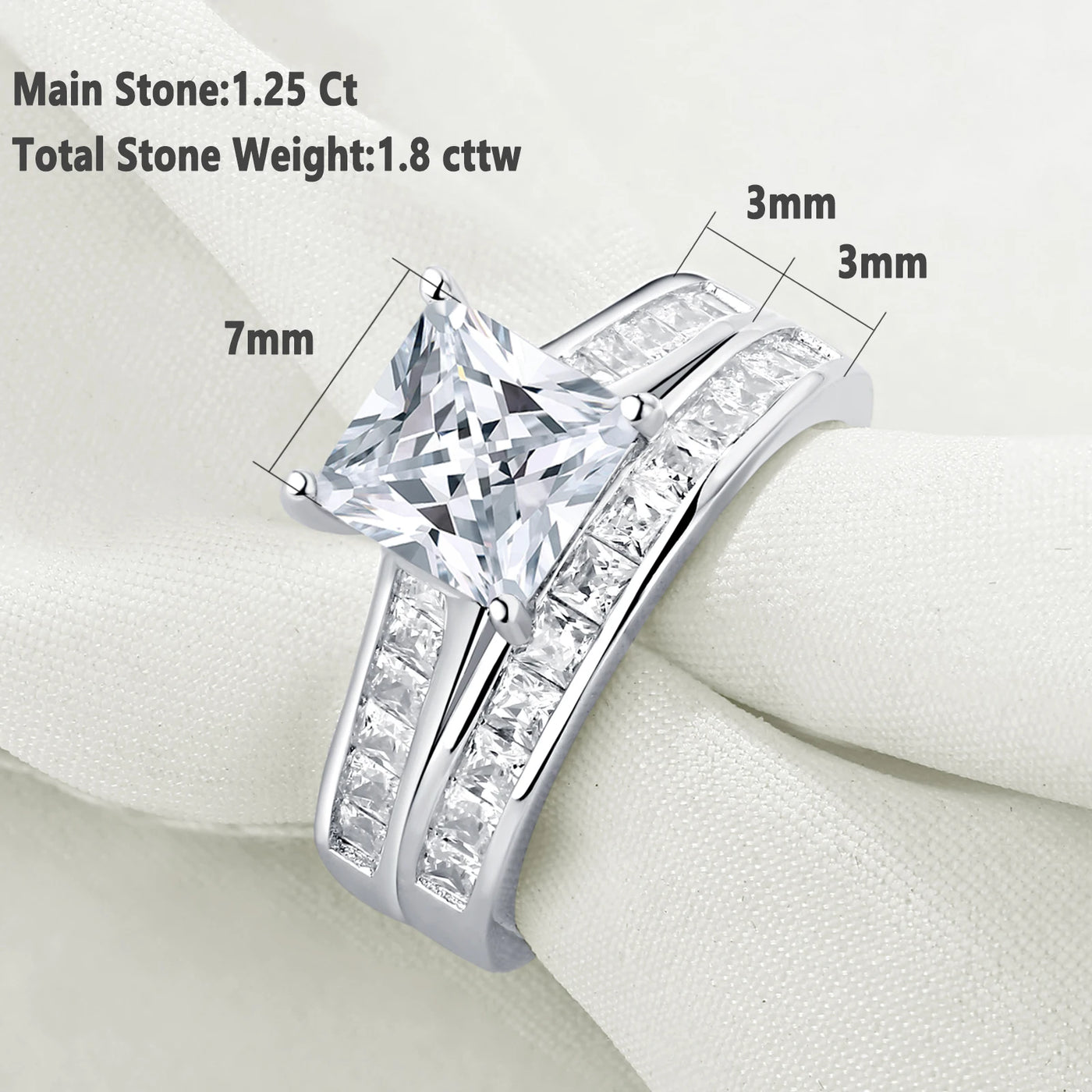 2 Pieces Classic Wedding Rings Set for Women 7*7mm Princess Cut AAAAA Zircon 925 Sterling Silver Engagement Ring Jewelry