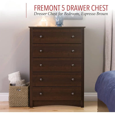 Fremont Superior 5-Drawer Chest for Bedroom - Spacious and Stylish Chest of Drawers Toilet Furniture Makeup In Espresso Finish