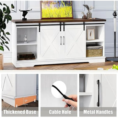 TV Cabinet, 65 Inch, Barn Door TV Cabinet with Storage and Shelves, Modern Console Living Room Table Furniture (White)