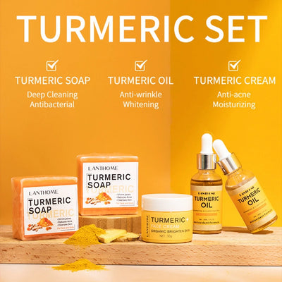 Turmeric Skin Care Sets Fade Dark Spots Remover Serum Oil Anti-Aging Skin Cleanser Soap Natural Facial Acne Cleansing Cream 3pcs