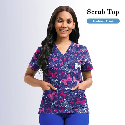 Nursing Scrubs Top Women Working Uniform Blouse Short Sleeve V-neck Printing Uniform Clothes Nurses Accessories Unisex