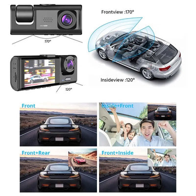 Dash Cam W/ IR Night Vision Loop Recording & 2" IPS Screen 1080P 3 Camera