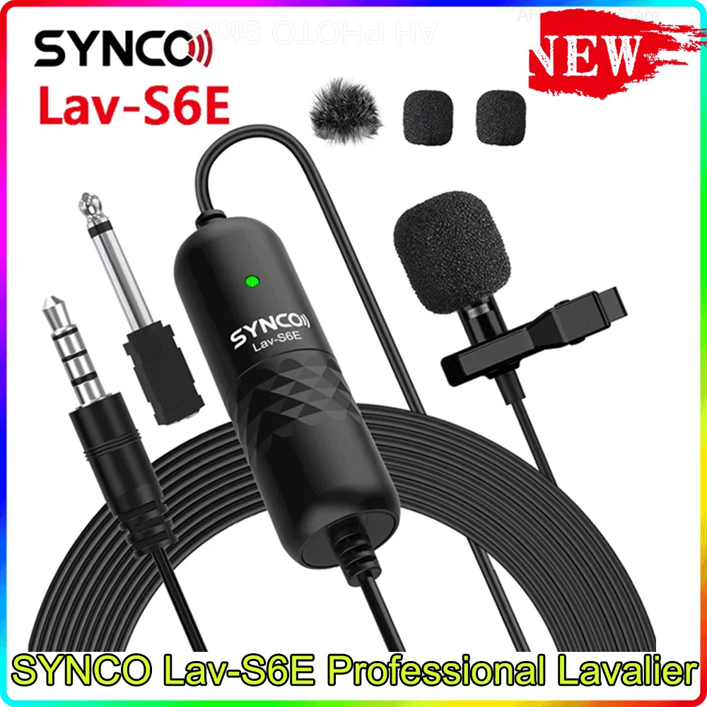 SYNCO Lav-S6E Professional Lavalier Microphone Clip-on Omnidirectional Condenser Lapel Mic Auto-Pairing 6M/19.7 Long Cable