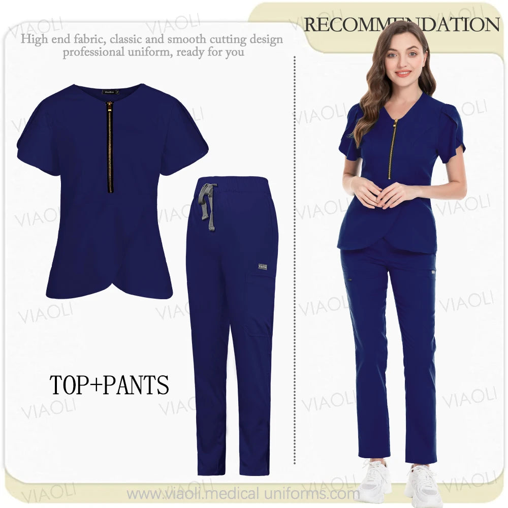 Medical Scrub Set Beauty Hospital Surgical Uniforms Women Scrub Tops Pants Nurses Accessories Dental Clinic Pet Workwear Clothes