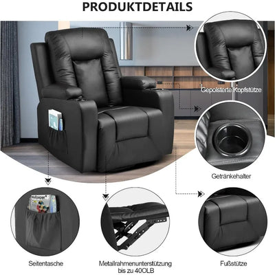 Leather Lounge Modern Sofa Seat with Heated Massage Lounge 360 Degree Swivel with Drink Holder Living Room Chair