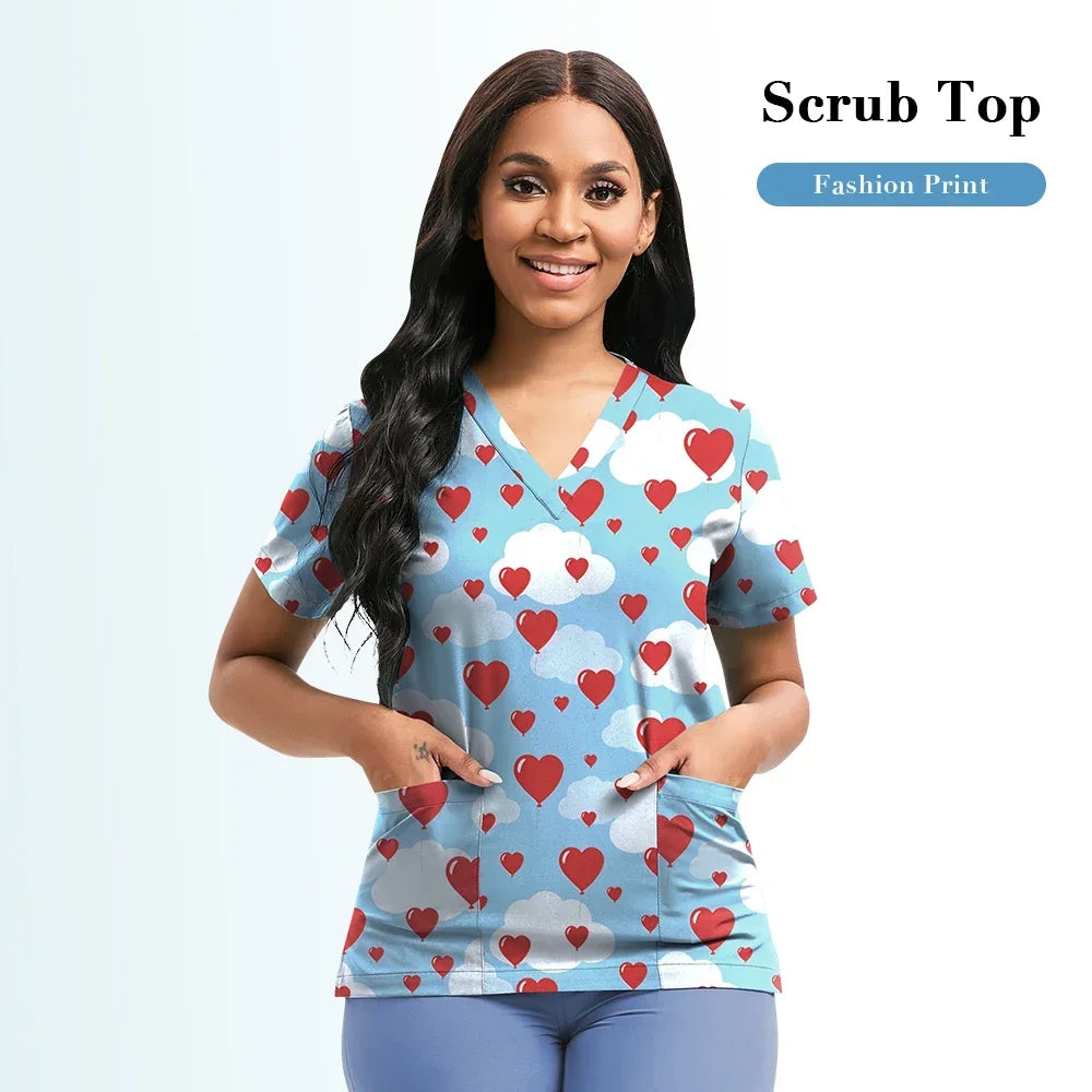 Nursing Scrubs Top Women Working Uniform Blouse Short Sleeve V-neck Printing Uniform Clothes Nurses Accessories Unisex