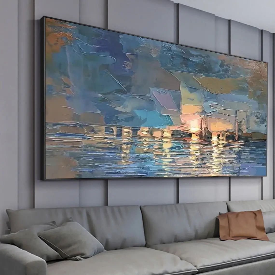 Large Abstract Sailboat Seascape Handmade Oil Painting on Canvas Textured Wall Art Original Blue Ocean Landscape Room Decor Art