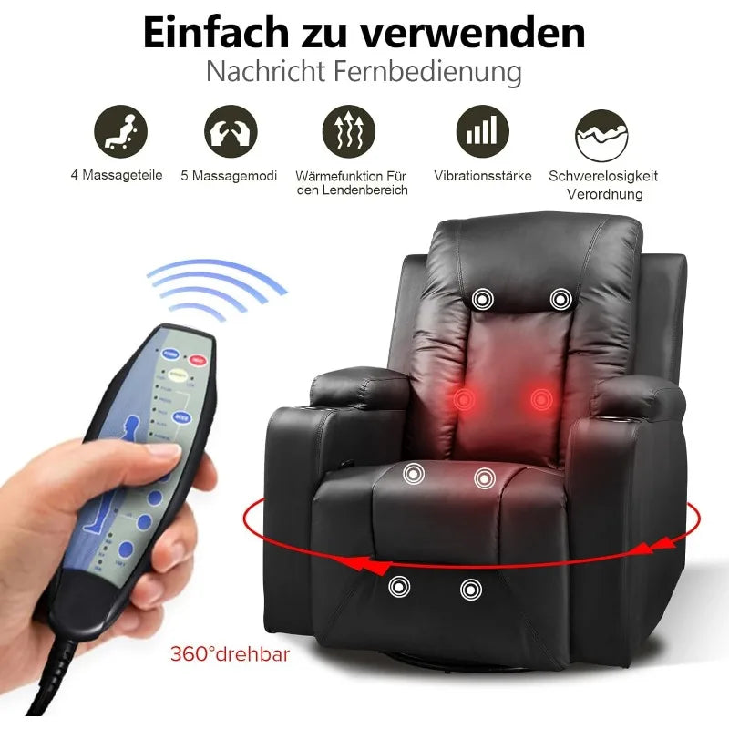 Leather Lounge Modern Sofa Seat with Heated Massage Lounge 360 Degree Swivel with Drink Holder Living Room Chair