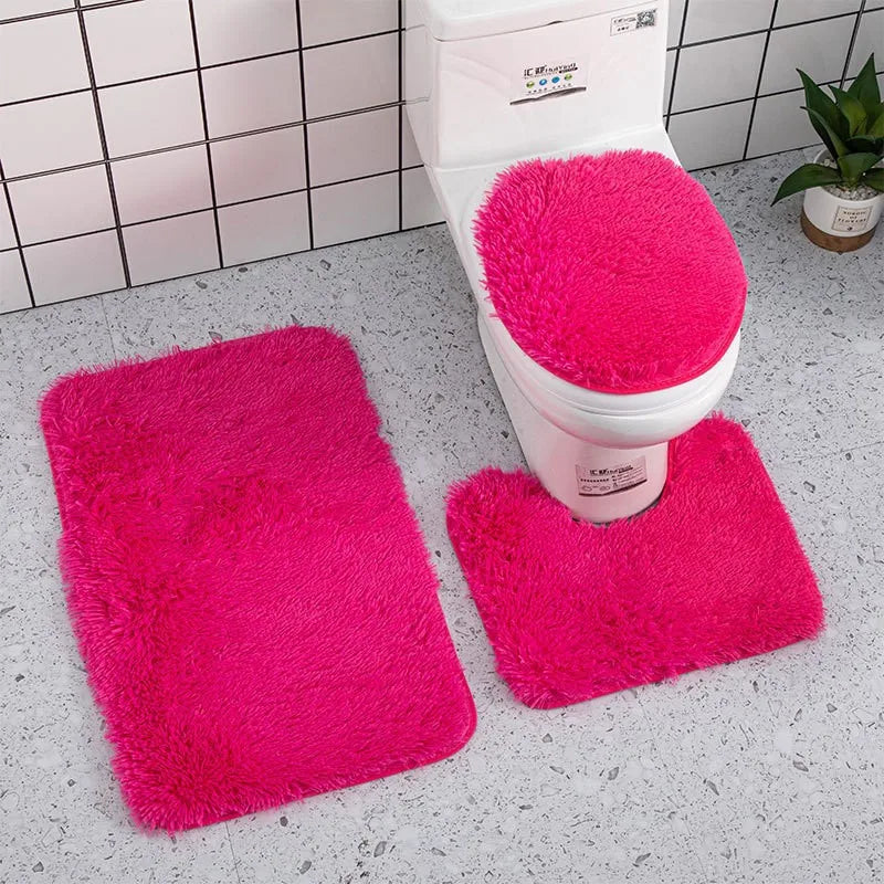 3pcs/set Solid Color Bathroom Mat Set Fluffy Hairs Bath Carpets Modern Toilet Lid Cover Rugs Kit Rectangle