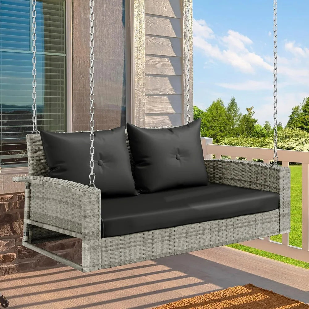 Garden Chair Swing Chair Outdoor Grey Rattan Patio Swing For Garden, Balcony, Living Room, Grey Rattan Black Cushions