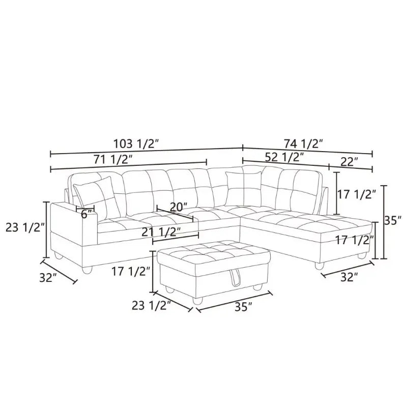 Hommoo Couch Sofa Set, Modern L-Shaped Sofa for Living Room, Flannel Sectional Sofa Set for Apartment, Off-White(Without Ottoman