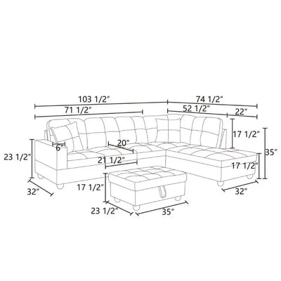 Hommoo Couch Sofa Set, Modern L-Shaped Sofa for Living Room, Flannel Sectional Sofa Set for Apartment, Off-White(Without Ottoman