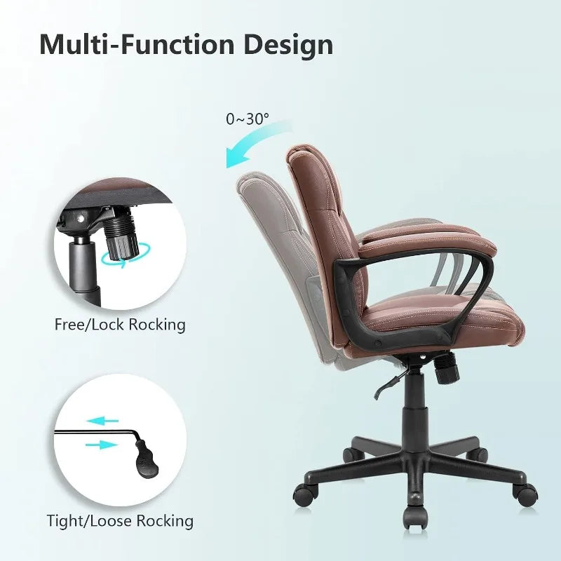 Executive Office Chair Swivel Task Seat with Ergonomic Mid-Back, Waist Support, PU Leather, Brown Office Furniture