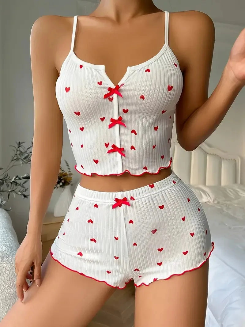 Sleepwear Women Pajamas Set Heart Print Soft Ribbed Fabric with Flirty Frill Trim Casual Cami Top and Shorts Sets Loungewear