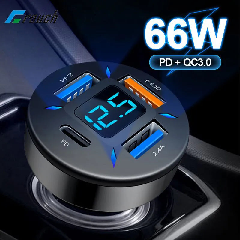 66W 4 Ports USB Car Charger Fast Charging PD Quick Charge 3.0 USB C Car Phone Charger Adapter For iPhone  Xiaomi Samsung