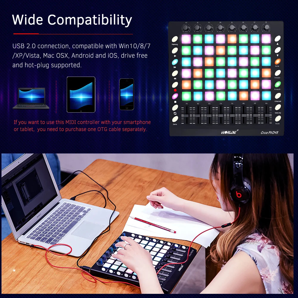 WORLDE PAD48 Portable USB MIDI Drum Pad Controller 48 RGB Backlit Pads 8 Knobs 16 Buttons 8 Sliders with USB Cable