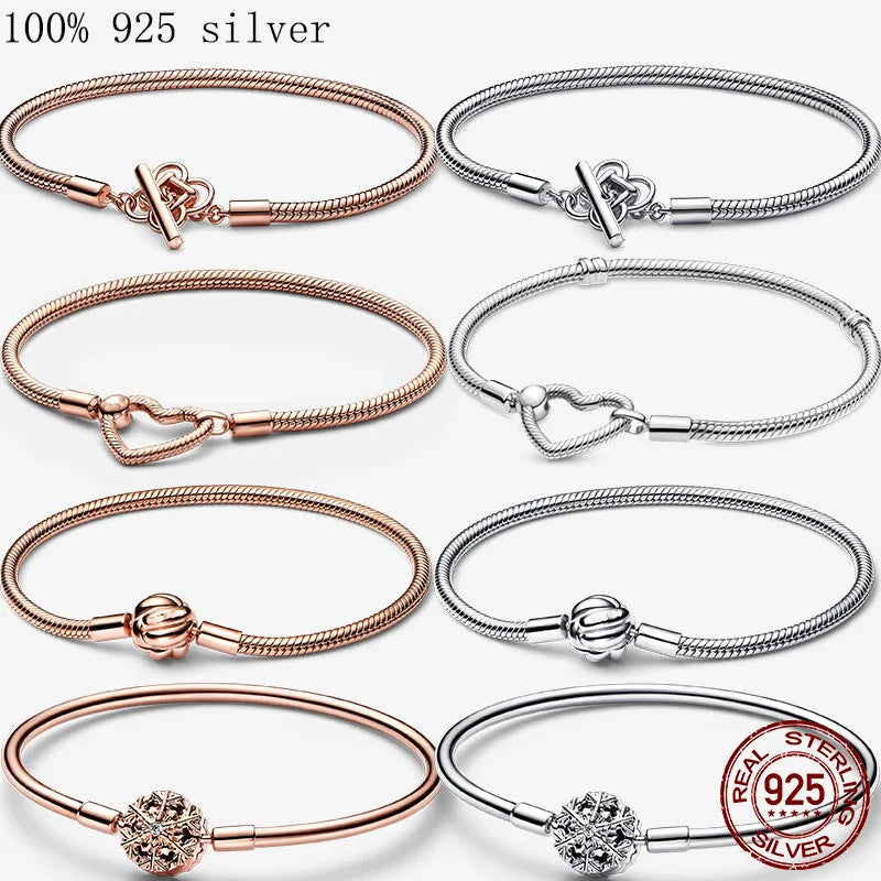 925 Sterling Silver Charm Bead Bracelet For Women Original Rose Gold Charms Heart Bracelets Bangles Snake Chain Diy Jewelry