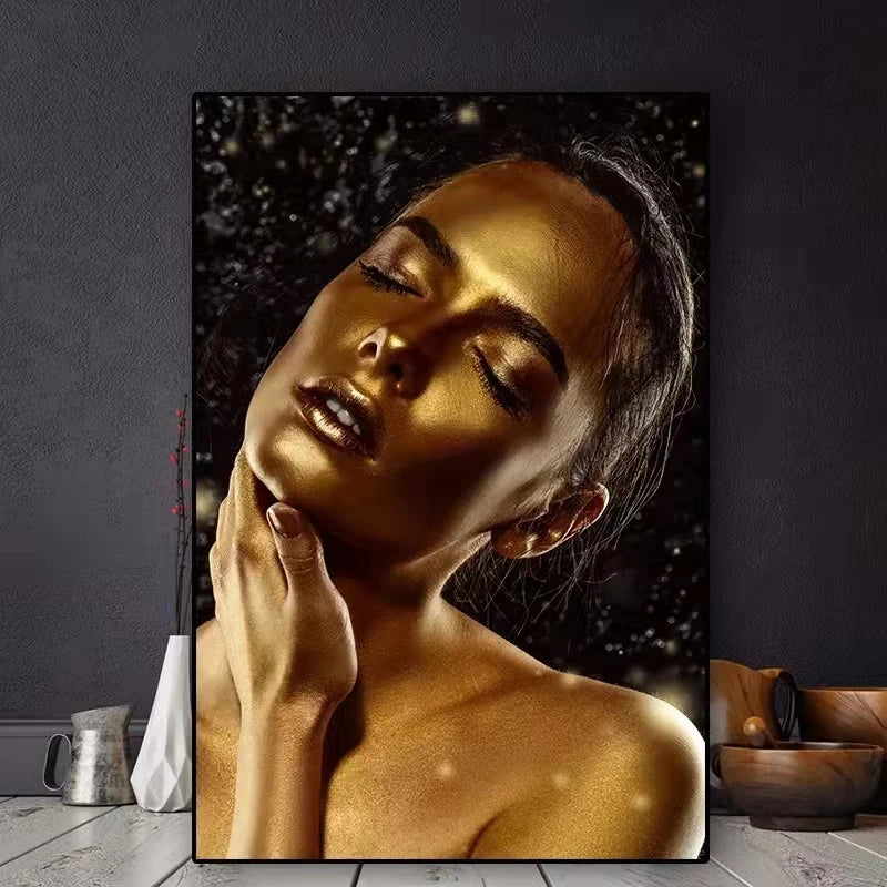 African Art Black and Gold Woman Oil Painting on Canvas Cuadros Posters and Prints Scandinavian Wall Art Picture for Living Room