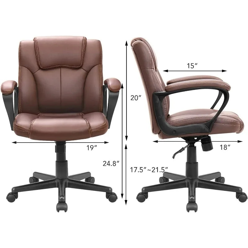 Executive Office Chair Swivel Task Seat with Ergonomic Mid-Back, Waist Support, PU Leather, Brown Office Furniture