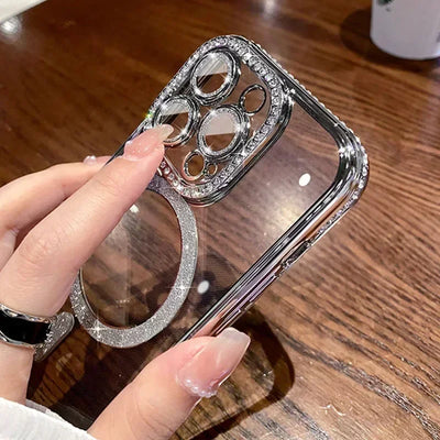 Luxury Diamond Glitter Clear Plating Case  Shockproof Magnetic Wireless Charging Cover For iPhone  Pro Max 15