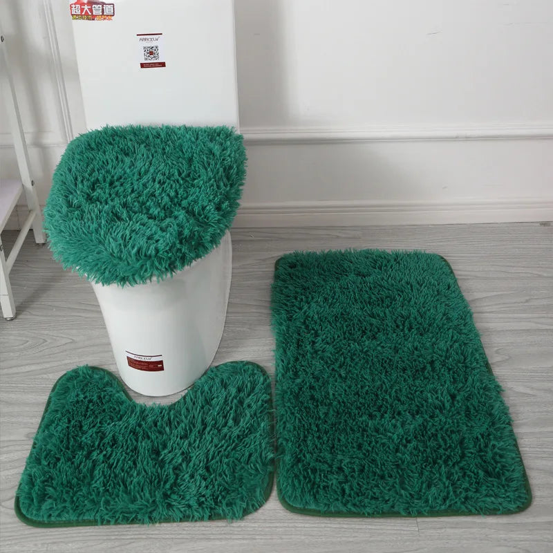 3pcs/set Plush Bathroom Bath Mat Set Anti Slip Toilet Rugs and Toilet Lid Cover Soft Fluff Shower Carpet Floor Mats