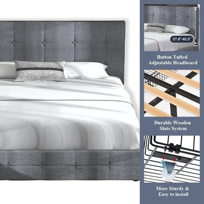 Upholstered Full Size Platform Bed Frame with 4 Storage Drawers and Headboard, No Box Spring Needed, Light Grey